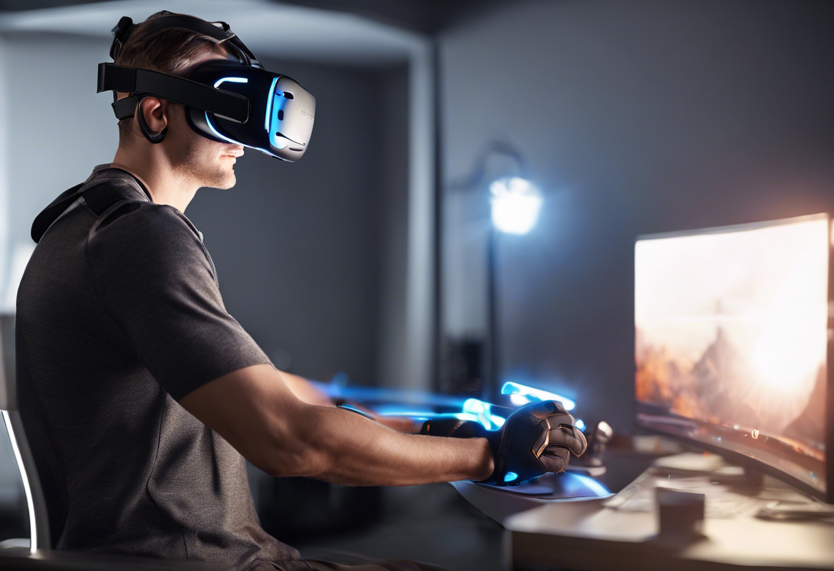 A dedicated gamer immersed in mobile VR-based gaming using Gear VR and a Samsung Galaxy device.