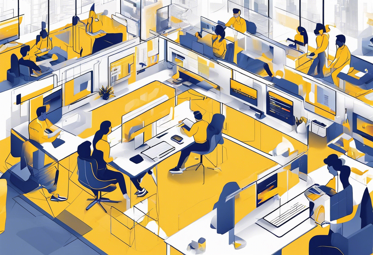 A diverse tech team from a startup utilizing all possible devices, designing AR content on Onirix under yellow warm light in an open-concept flexible working space.