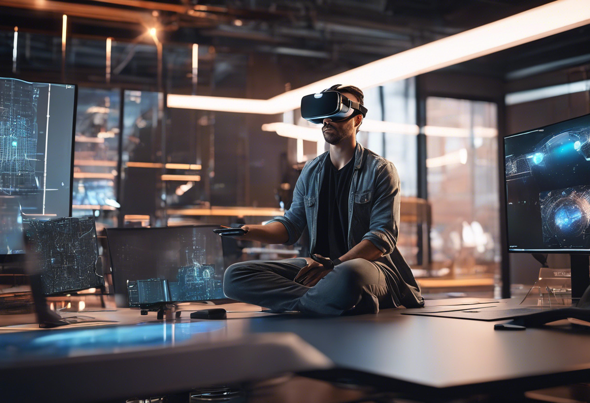 A focused AR developer, sitting amidst complex 3D models on screens, energetically codes on a VR platform in a futuristic workspace.