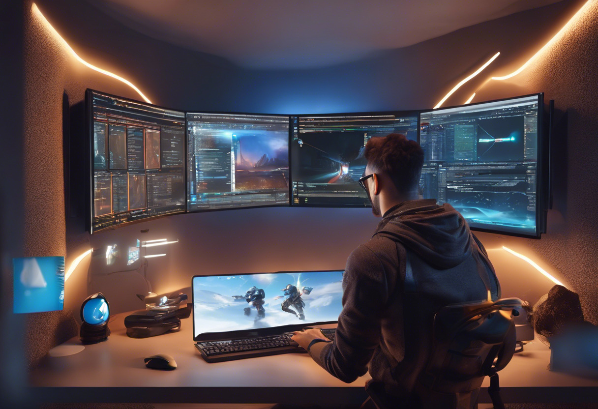 A focused game developer, immersed in coding on multiple screens, surrounded by game concept art