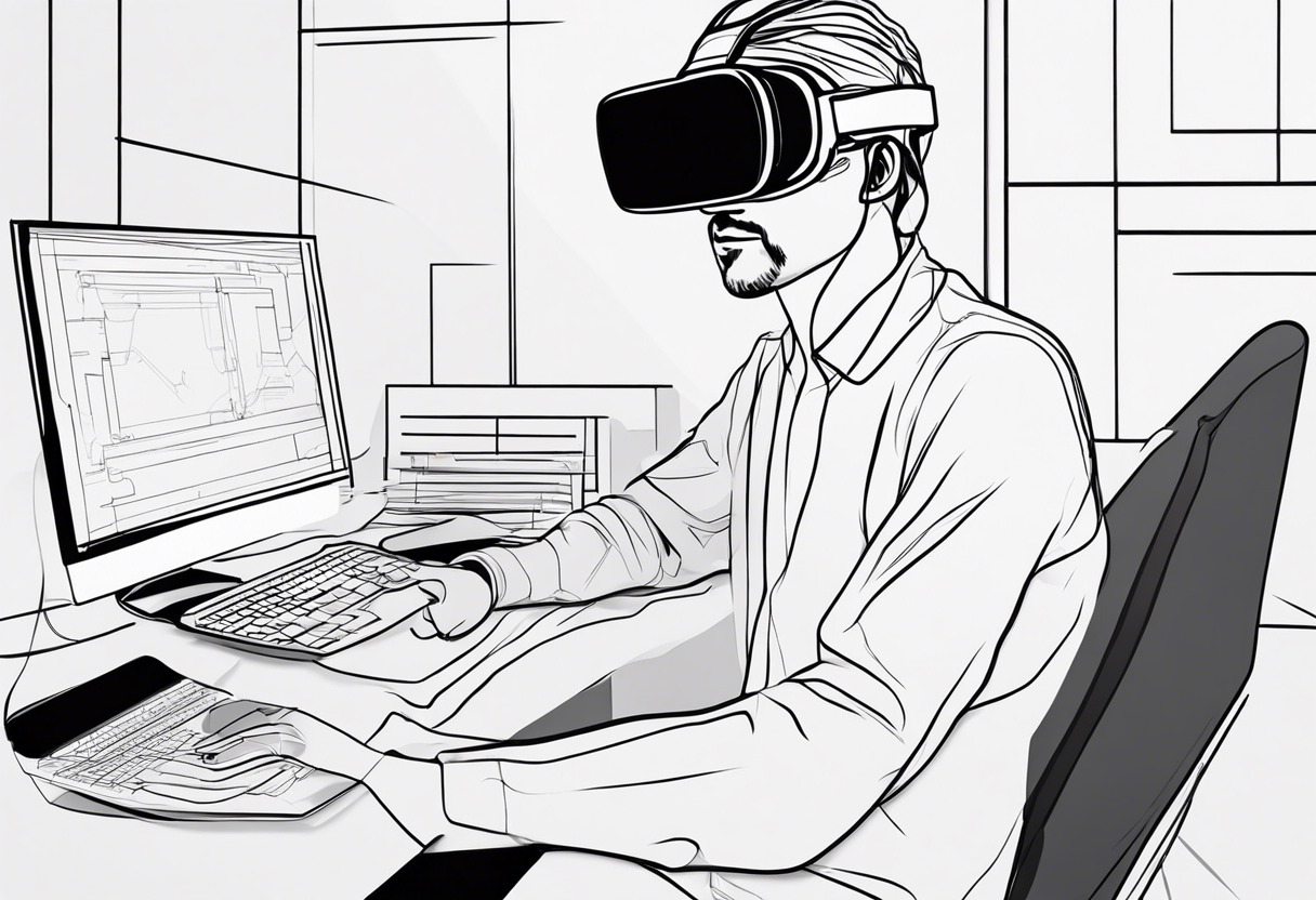 A focused professional developer immersed in creating VR worlds using Oculus