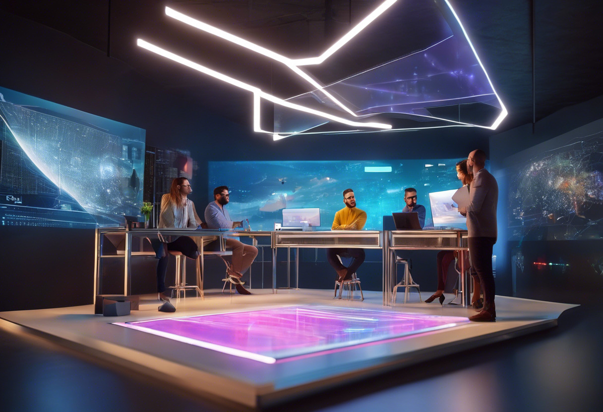 A group of brand developers strategizing using AR glasses and a holographic screen display