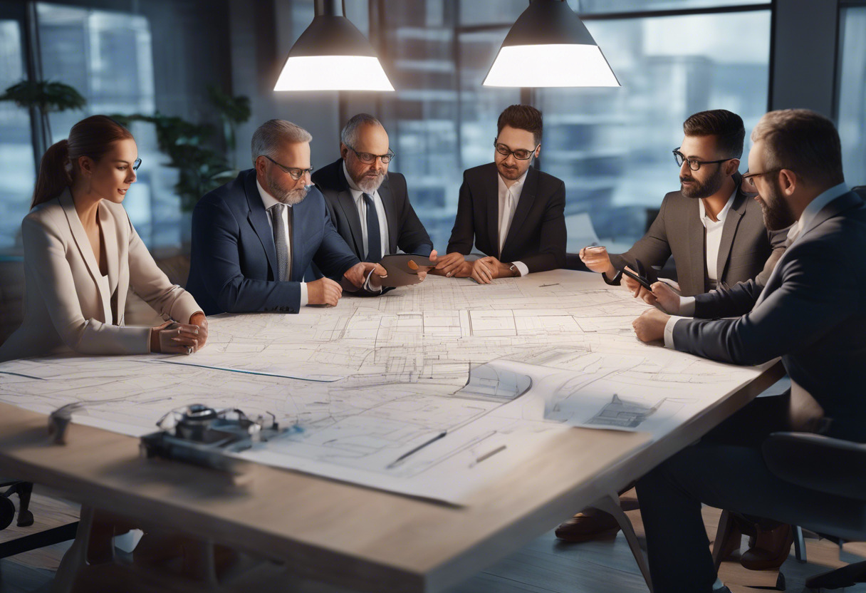 A group of industry leaders discussing plans around a table scattered with blueprints, digital markers, and AR glasses.