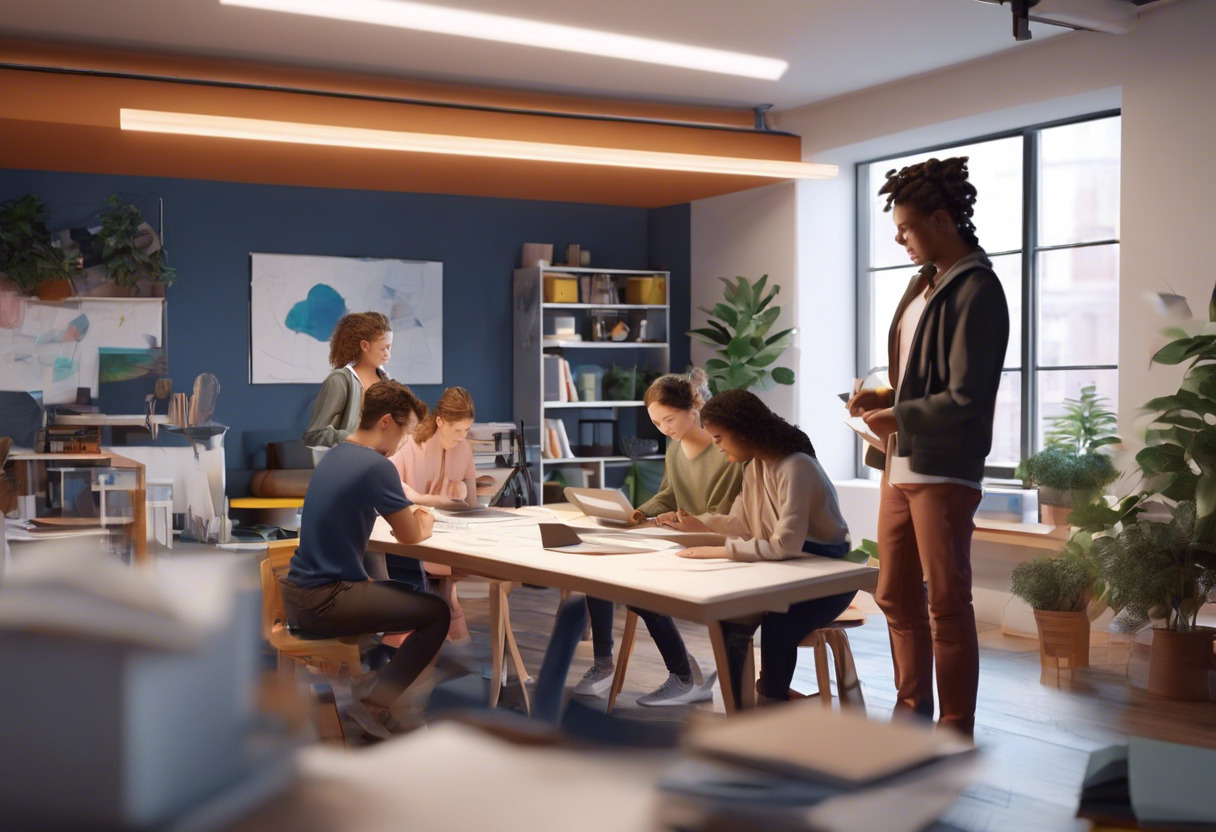 A group of students creating an AR animation at a shared workspace.