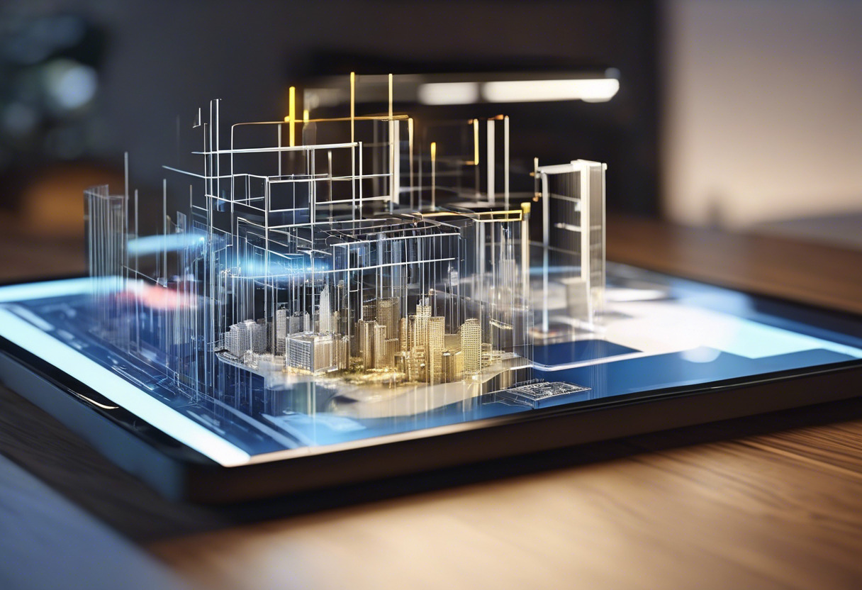 A major tech corporation analyzing an AR mock-up projected from an AR device - the modern form of corporate technological assessment.