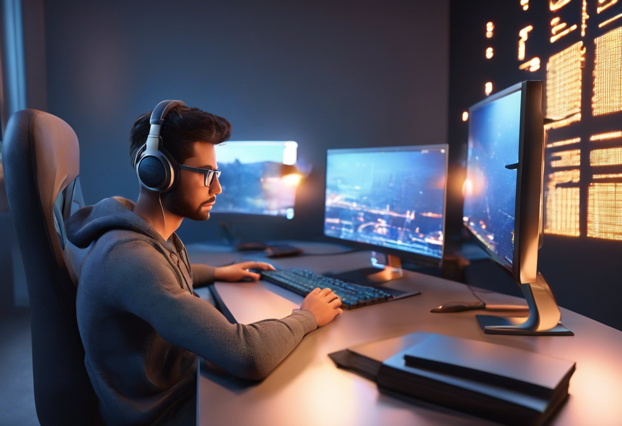 A novice game developer learning coding on a desktop computer
