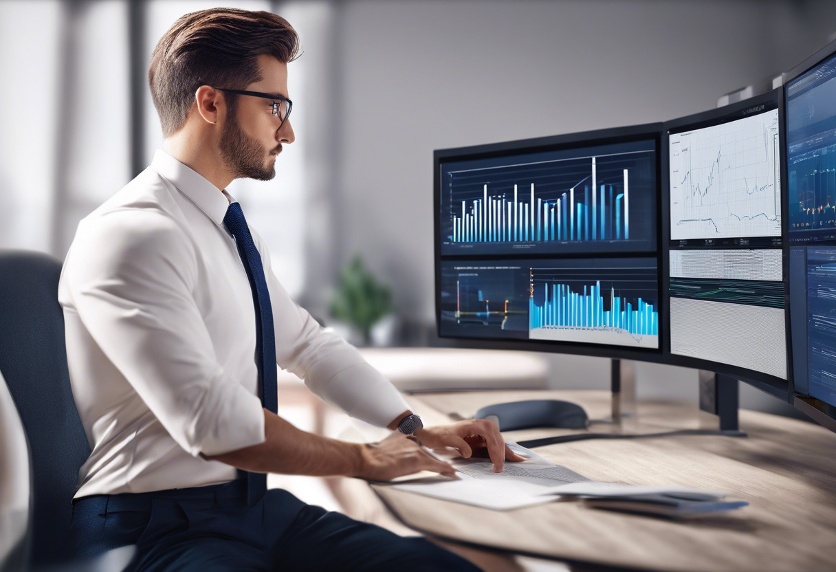 A professional in office attire, studying data reports and graphs on a large monitor, channeling a focused and analytical demeanor