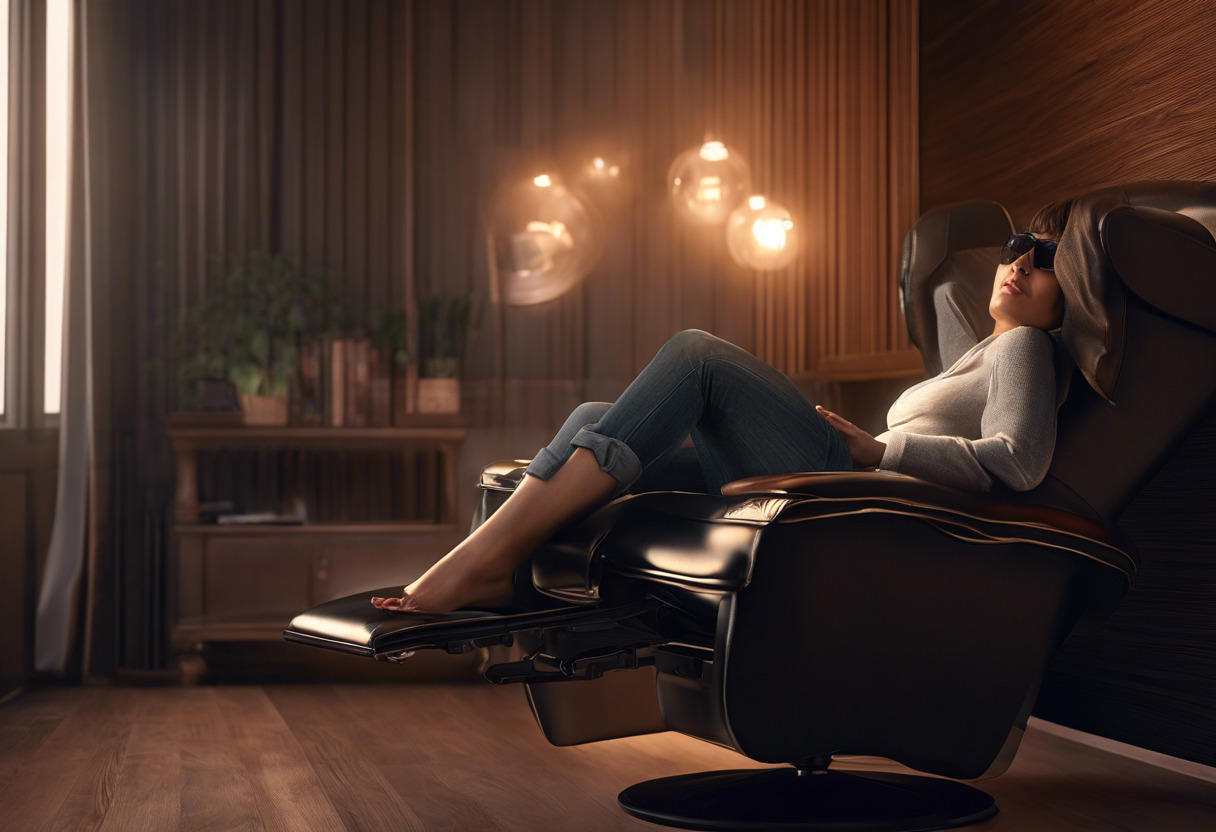 A relaxed woman midway through a movie, Vision Pro perched on her head, leaning back comfortably on a leather recliner in a dimly lit room.