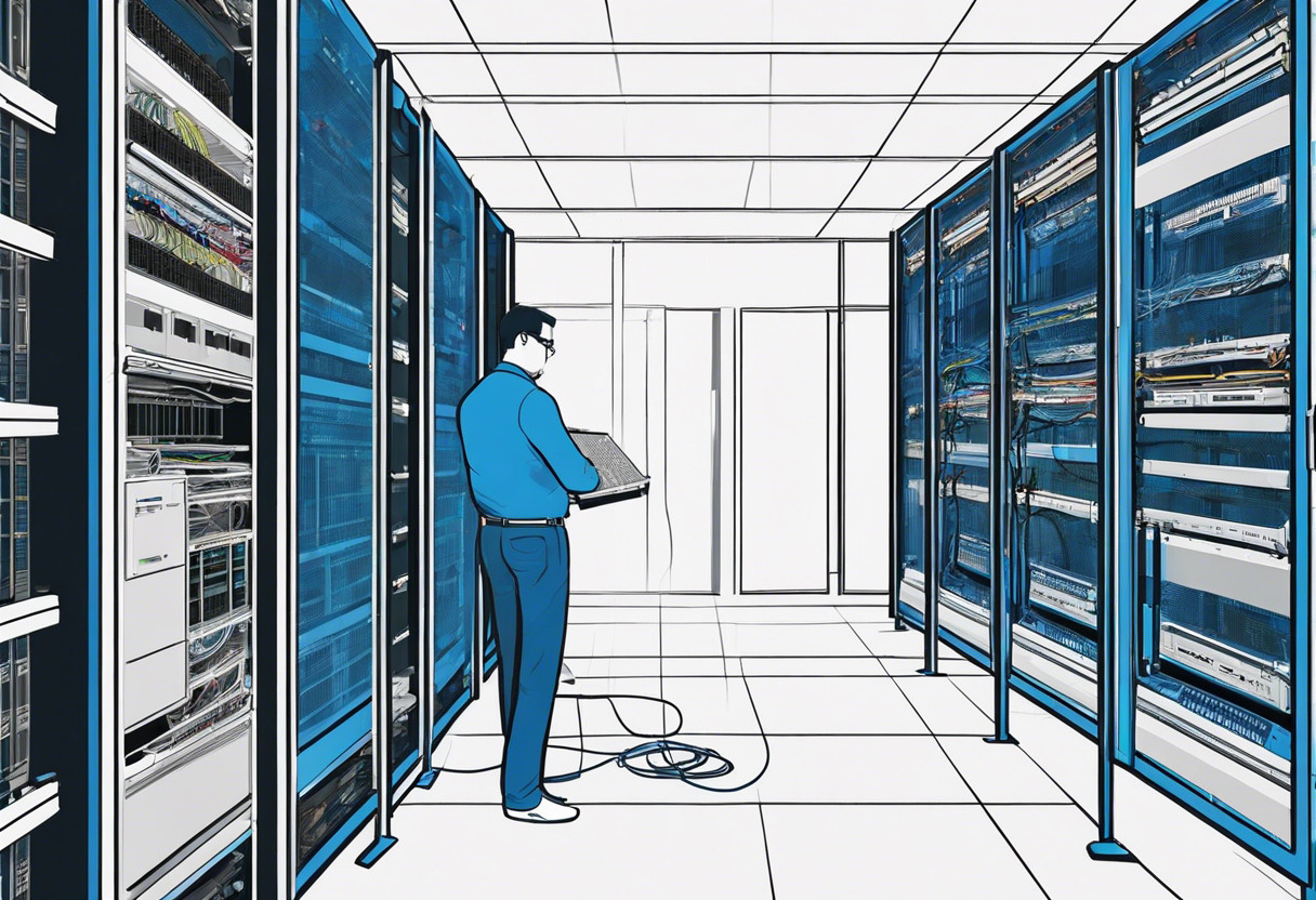 A server room filled with network cables, ethernet switches, and a tall server rack. A man in a blue shirt and glasses is adjusting the wires.