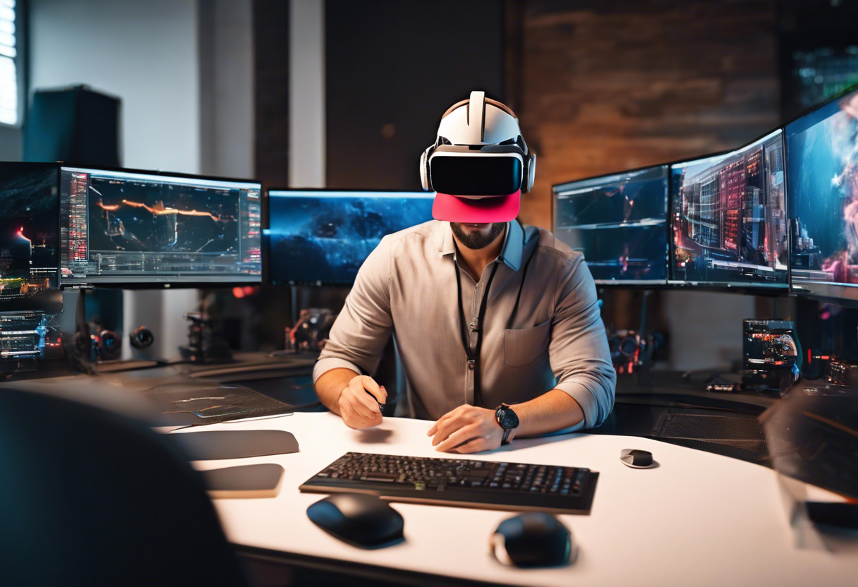 A skilled AR/VR creator, deeply engrossed into coding on a high-end computing setup, surrounded by multiple displays showcasing AR/VR models and simulations.