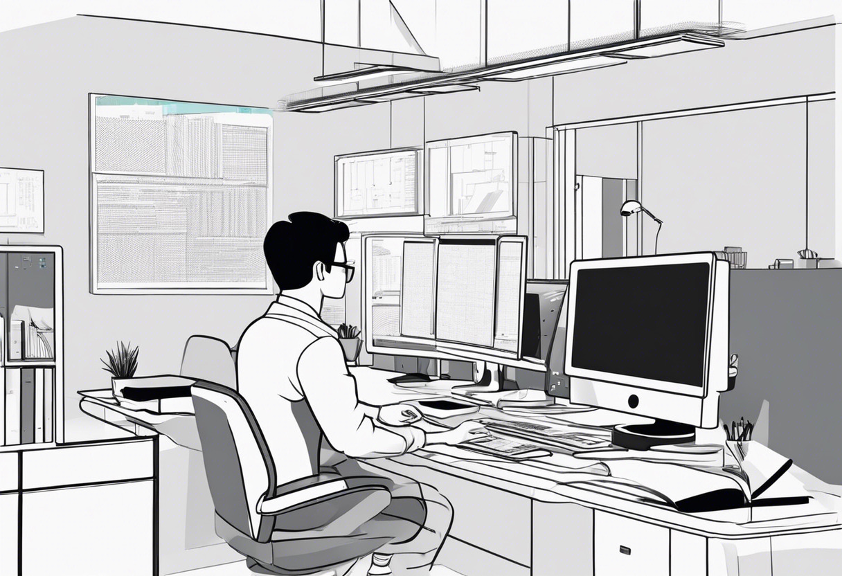A tech developer analyzing code on a dual screen setup in an office environment