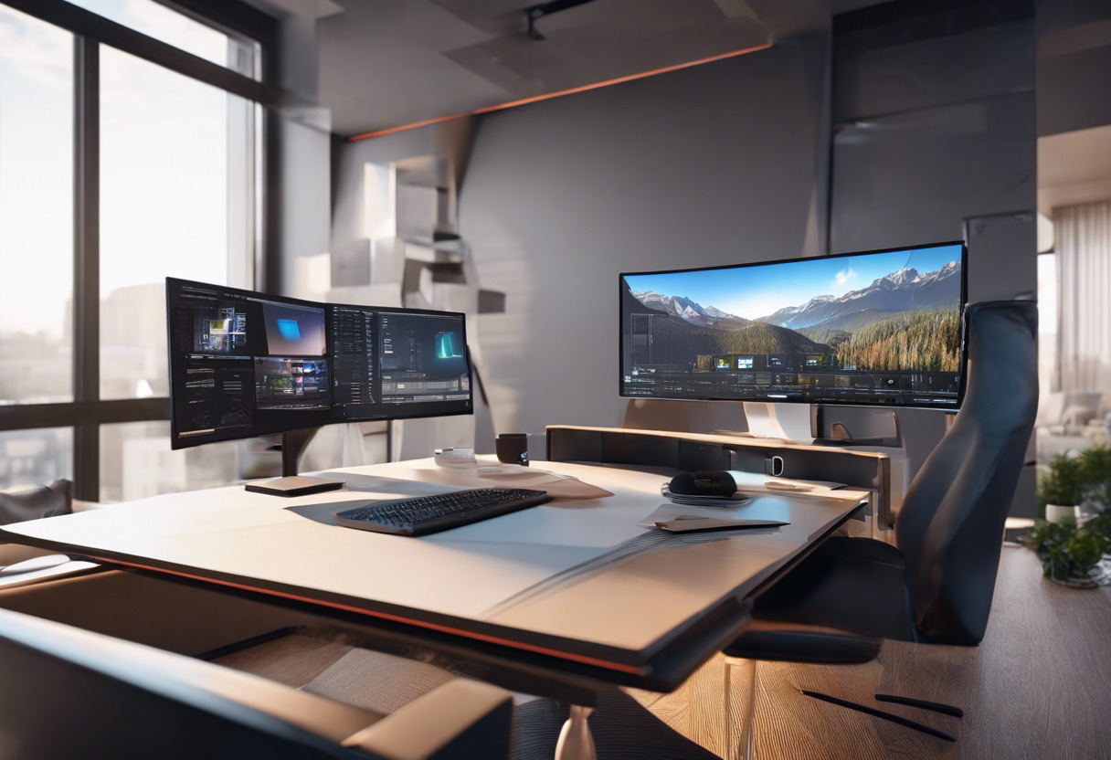 A tech-enthusiast operating a 3D editor tool, showcasing a virtual tour in a sleek, modern workspace