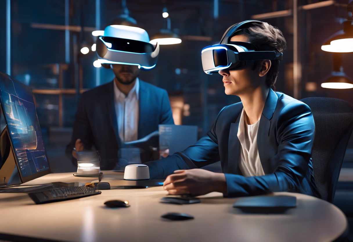 A tech investor examining Oculus and PSVR future growth prospects through futuristic glasses