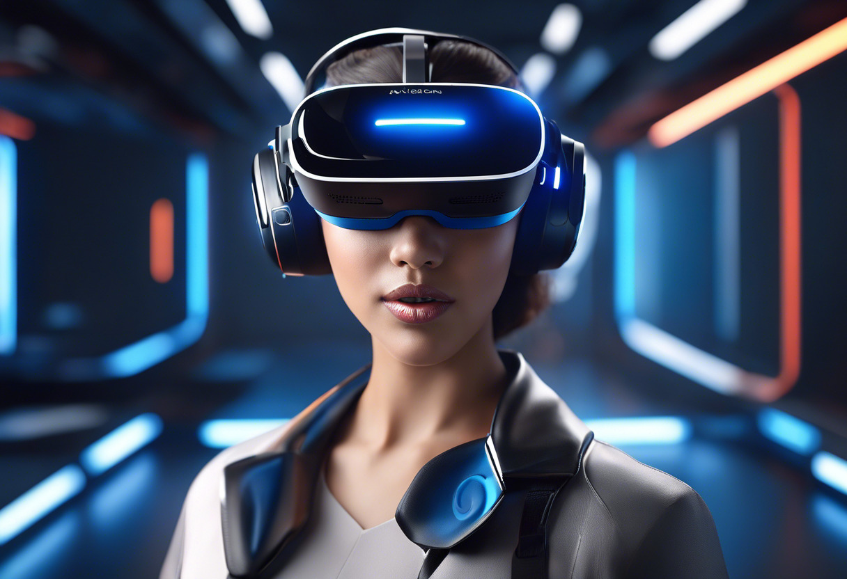 A VR professional, enjoying the immersive experience offered by the Vive Pro, in a futuristic setup