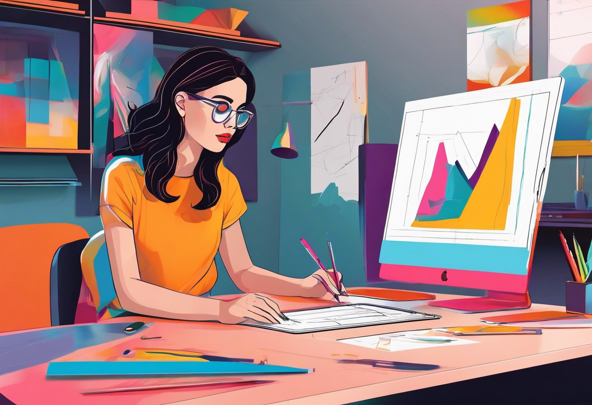 A young multimedia artist with dark hair, admiring a 3D rendering on her Vision Pro, in a vibrant and colorful studio workspace.