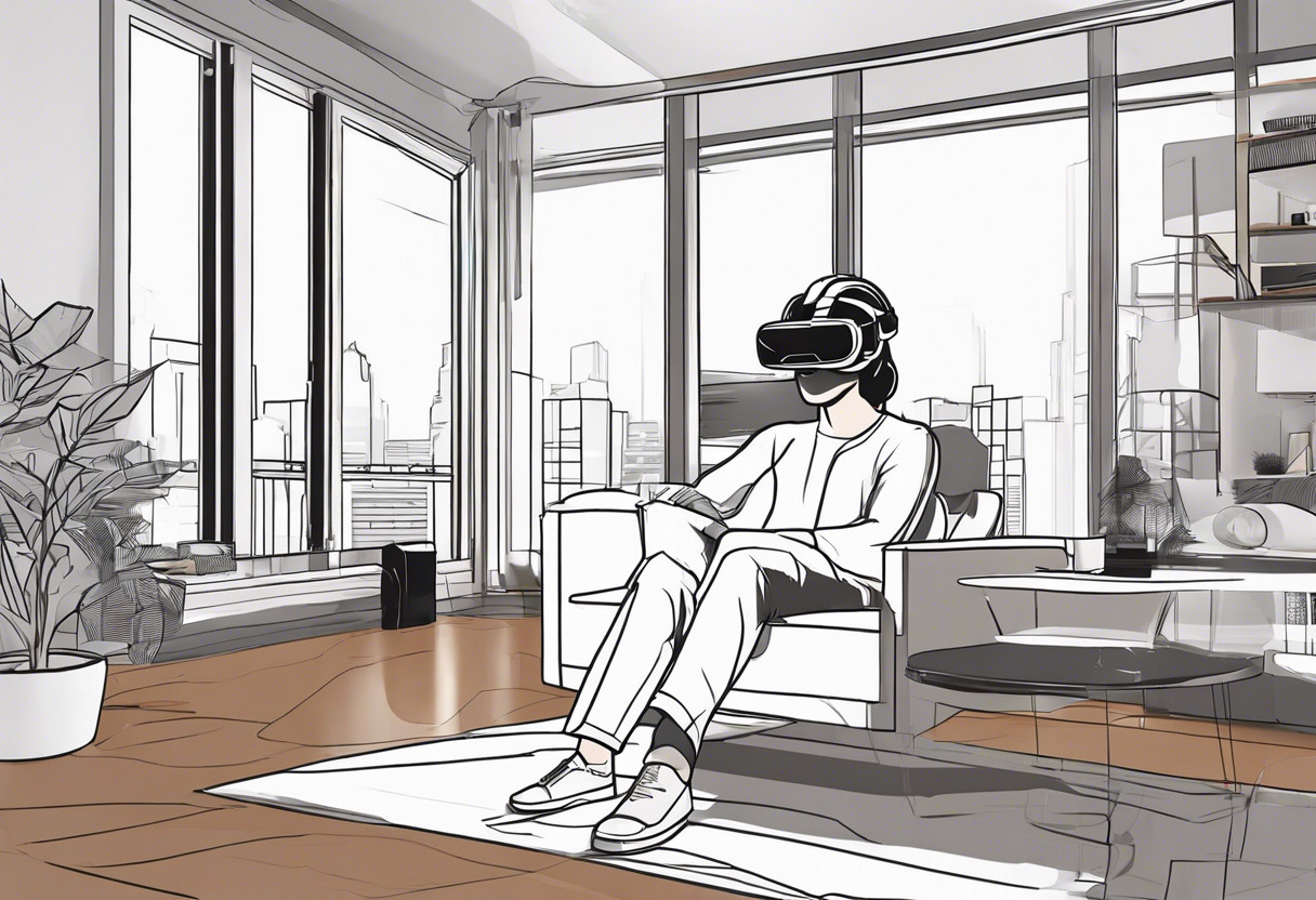 Affluent tech enthusiast using a high-end VR headset in a modern living space