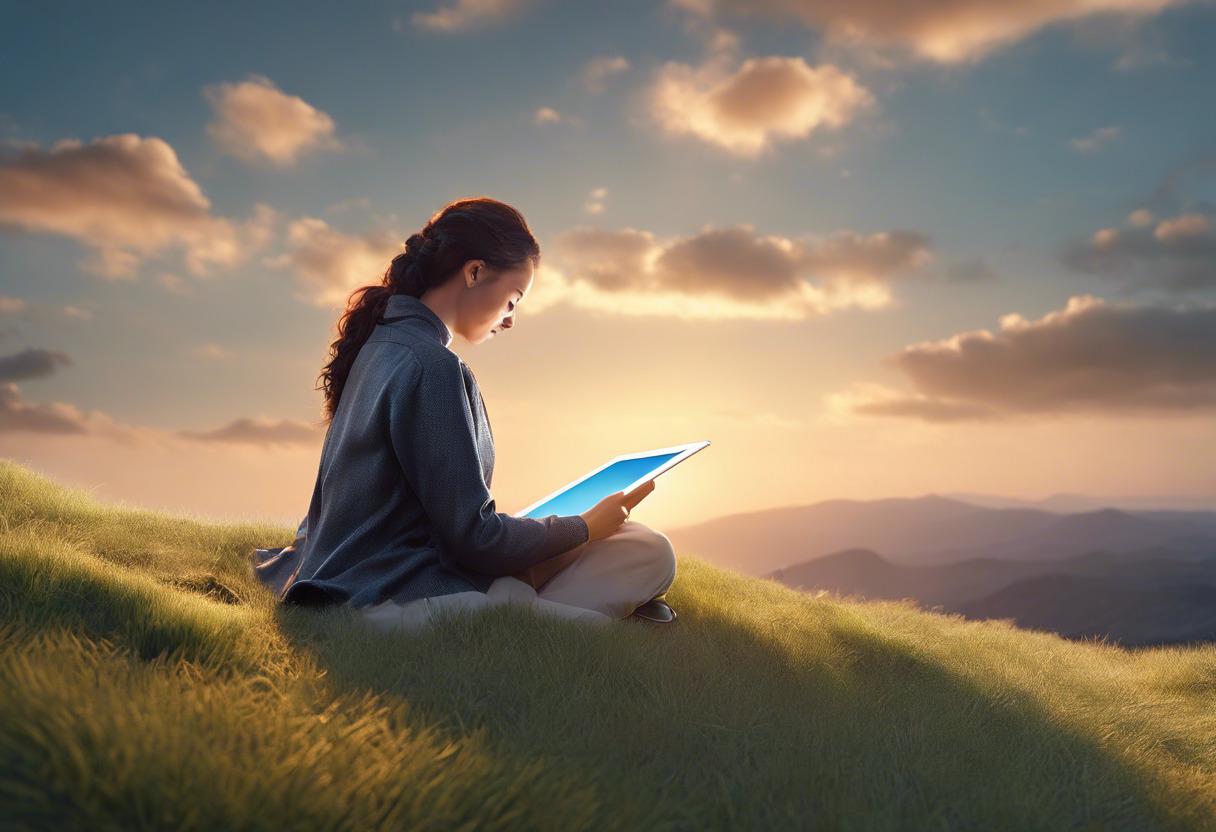 An artist on a grassy hilltop, engrossed in AR creation on her iPad.