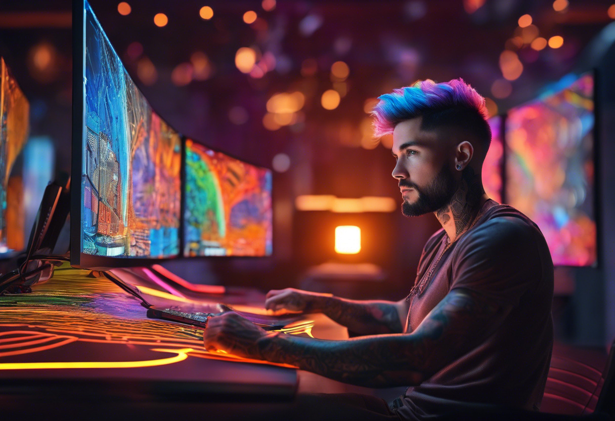 an artist with tattoos and a creative haircut focused on a projection map of a complex building structure on his multiple monitor workstation in a room filled with colorful led lights.