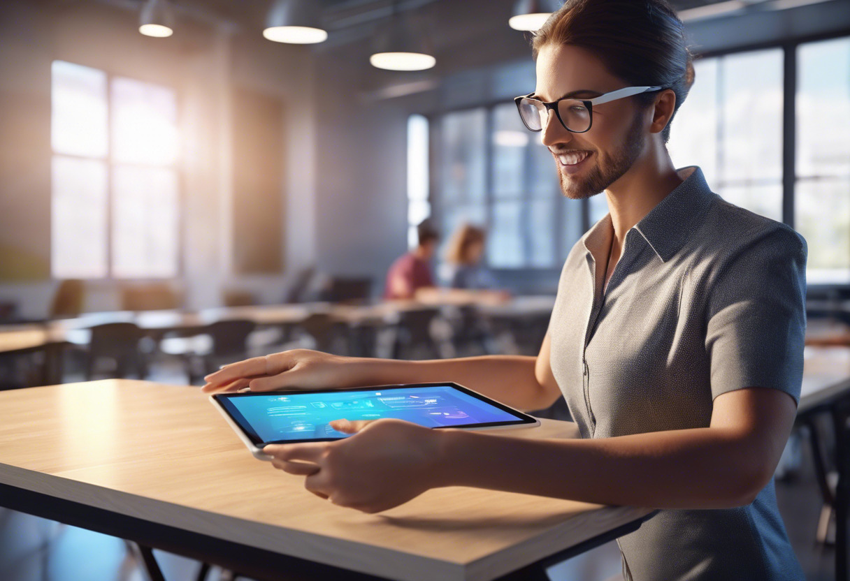 An educator enthusiastically demonstrates AR-based learning tools on a digital tablet in a modern classroom setting.