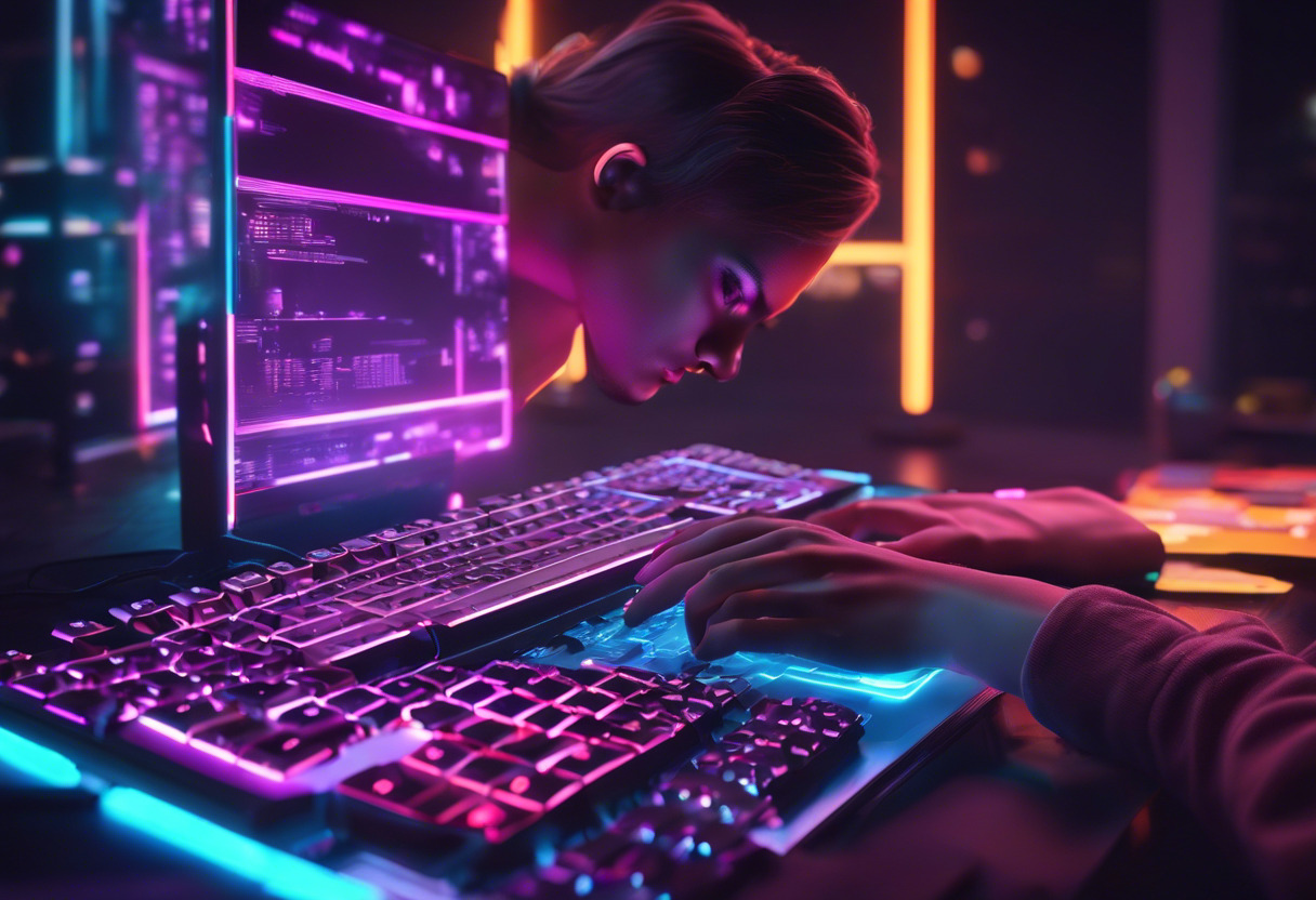 an engaged programmer typing complex code on a neon-lit gaming keyboard