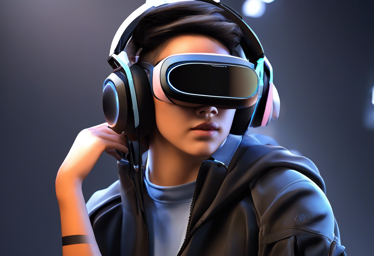 An immersed VR gaming enthusiast, gaming headset on, exploring a fascinating VR world.