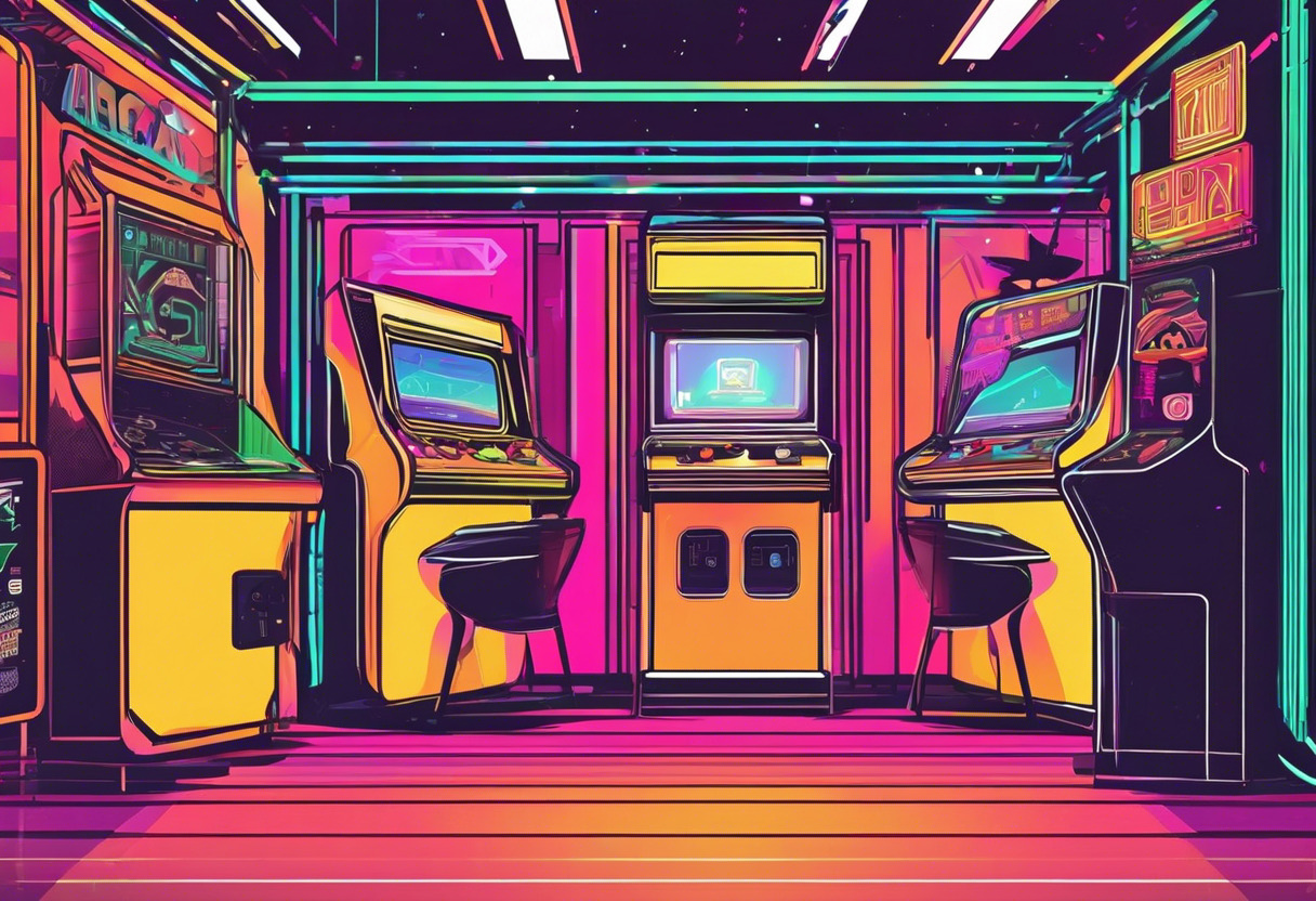 an indie developer, bringing neon-filled, 2D arcade dreams to life with GameMaker, surrounded by vintage gaming posters