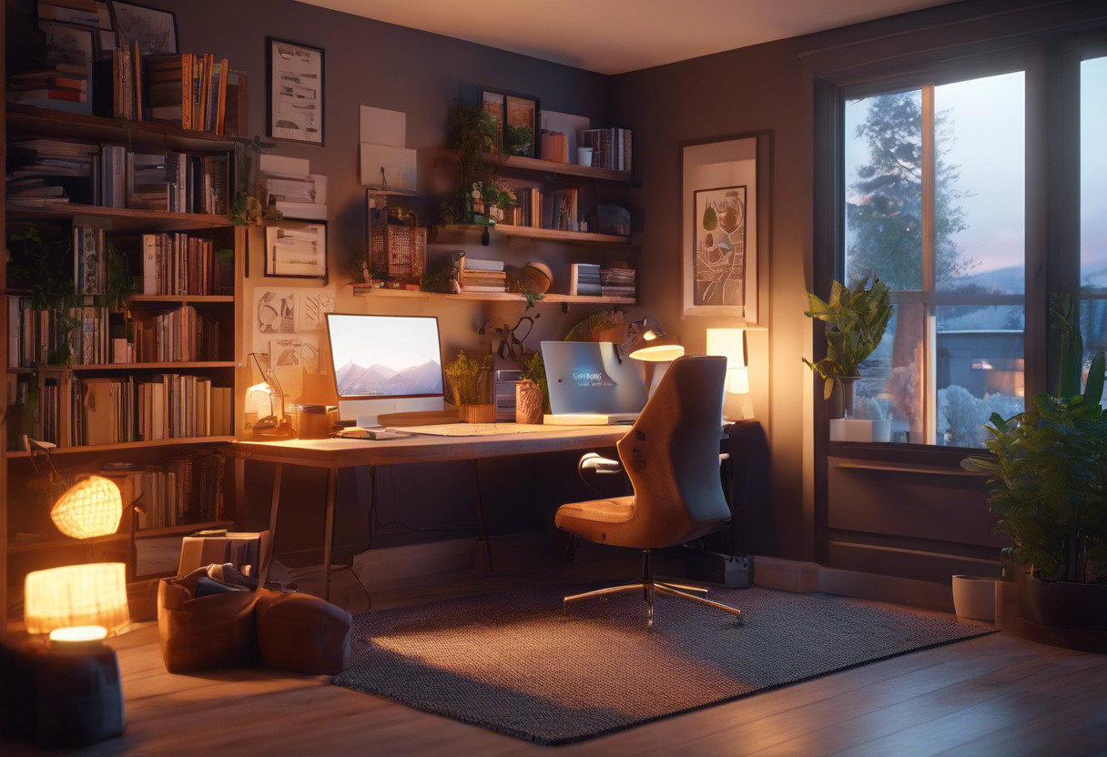 An indie game developer working on code in a cozy home office