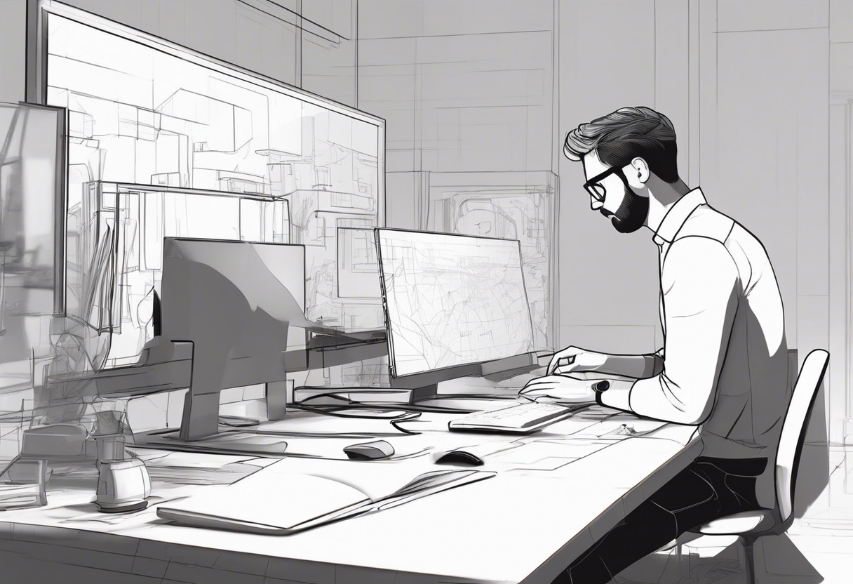 Animator working on 3D character animation in a high-tech studio, using 3ds Max