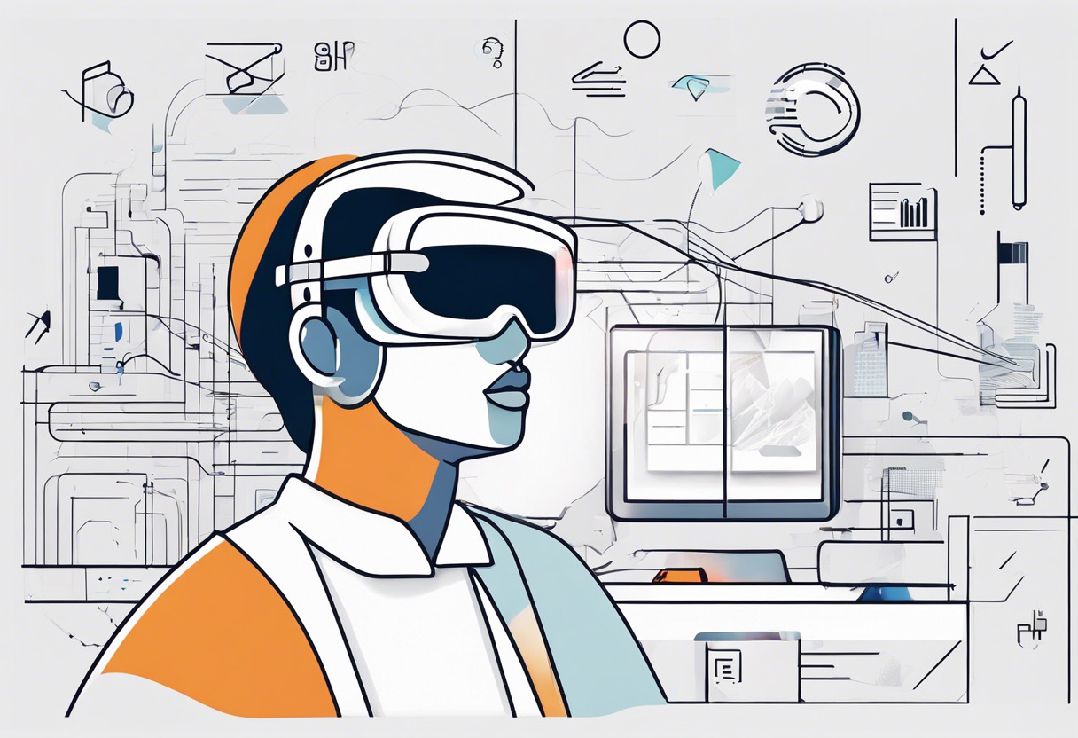 AR tech guru exploring diverse applications of Augment, with AR goggles and a diverse range of icons representing applications appear in the background