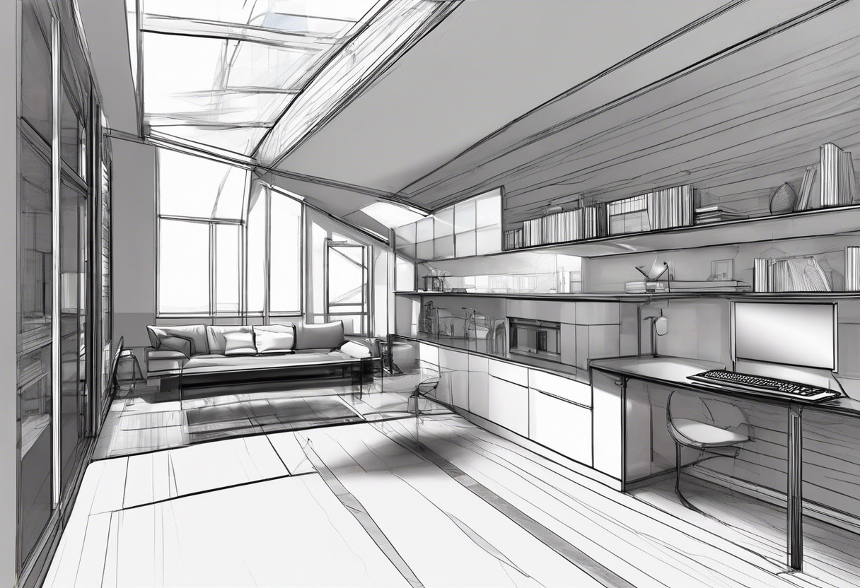 Architect focused on a SketchUp Pro architectural design, detailing a loft conversion in a brushed steel and glass style on his computer