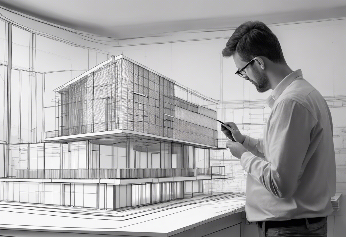 Architect reviewing a complex building model on Fusion 360