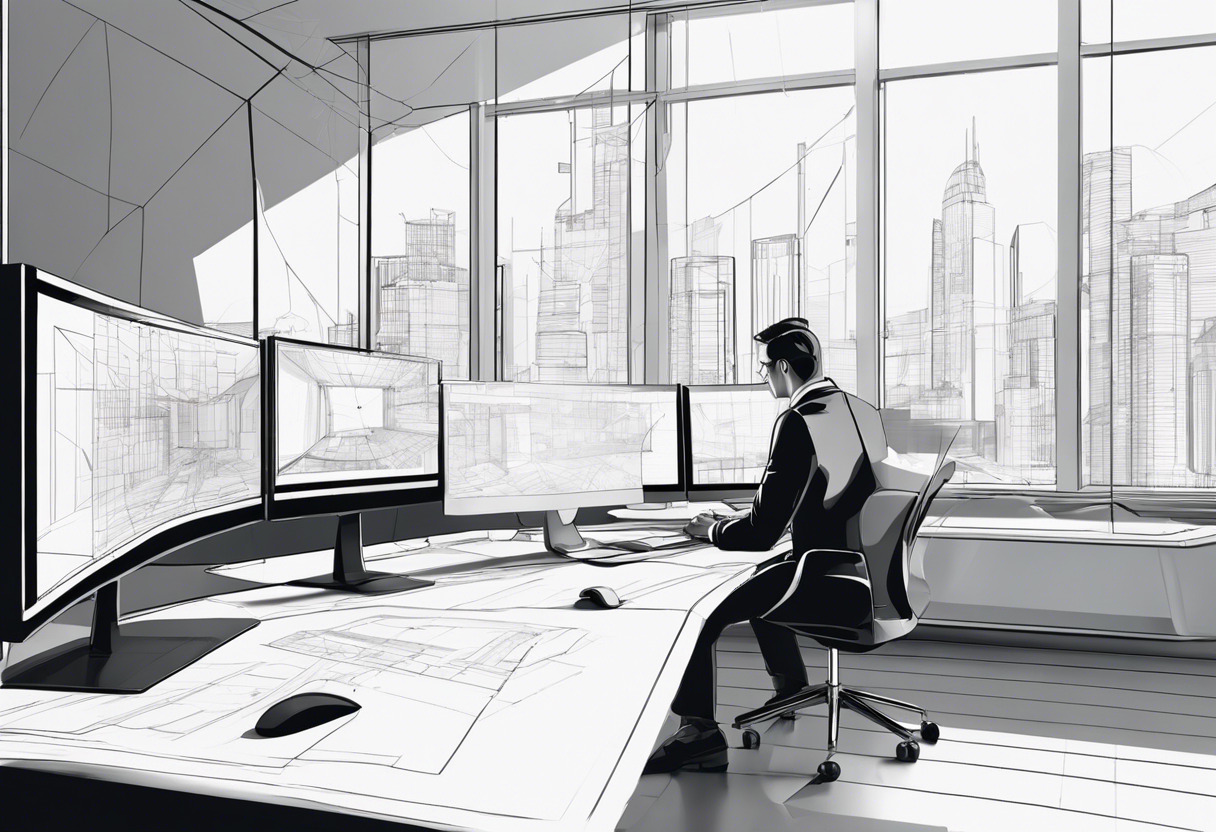 Architect viewing 3D building design on computer screen with blueprints scattered across his desk
