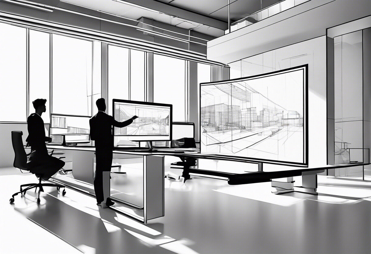 Architects and designers reviewing a 3D model on a large monitor in a bright workspace
