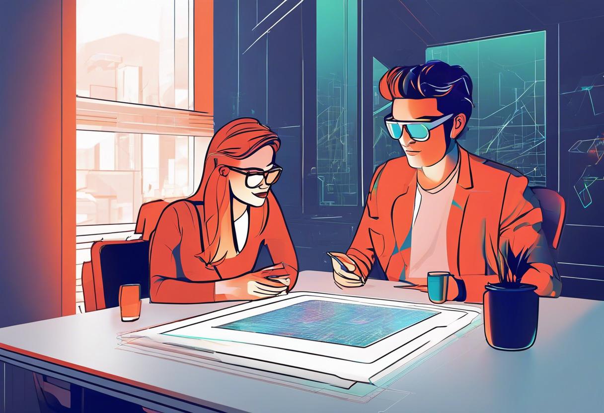 AR/VR creators discussing project plans on a tech luminous table with AR glasses nearby