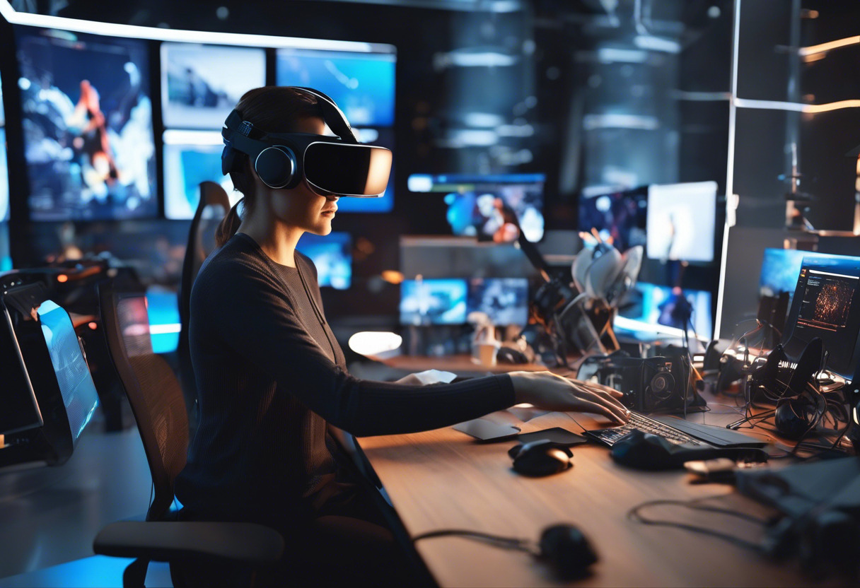 AR/VR developer adjusting VR headset, surrounded by VR devices and monitors showing 3D environments in a high-tech workspace.