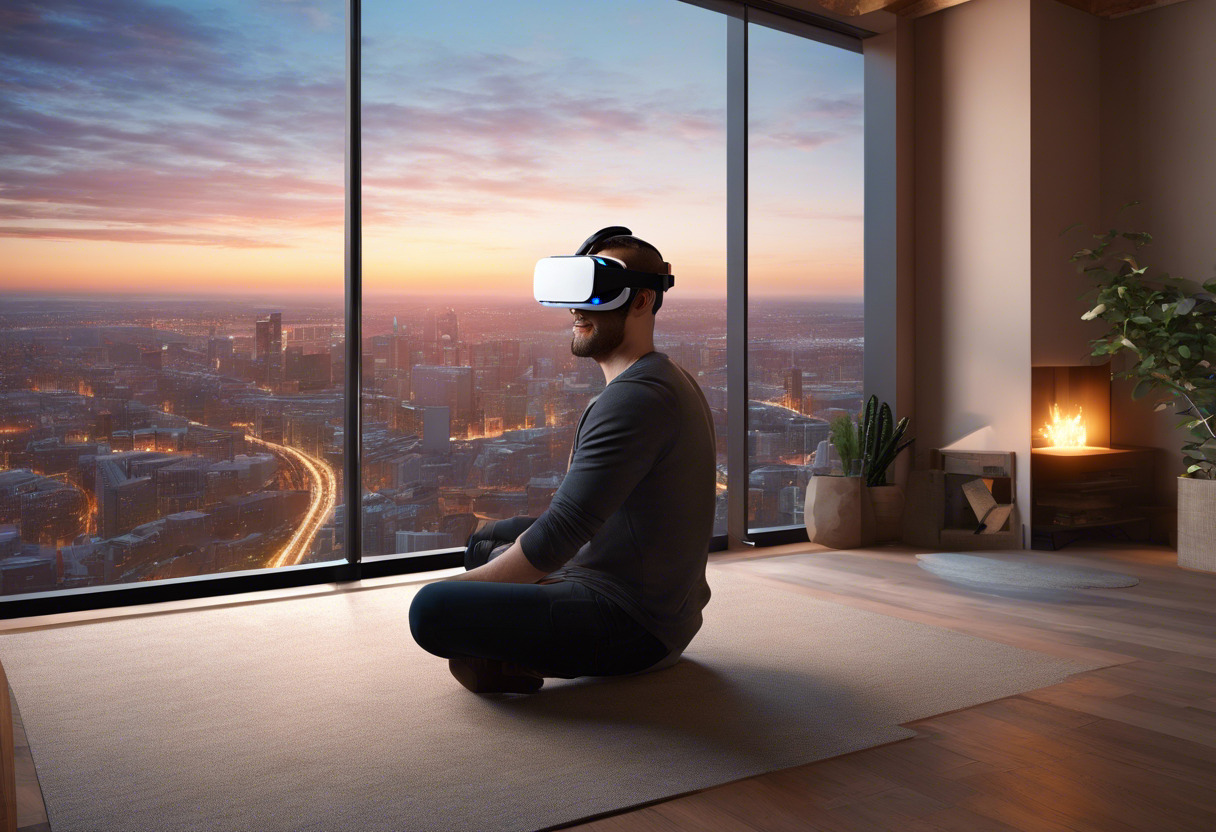 Casual user enjoying a VR experience on Reverb G2 in a well-lit room against a pleasant cityscape backdrop.