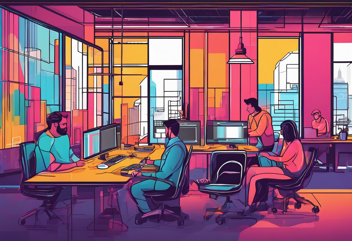 Colorful 2D game creation scene with developers in a tech hub