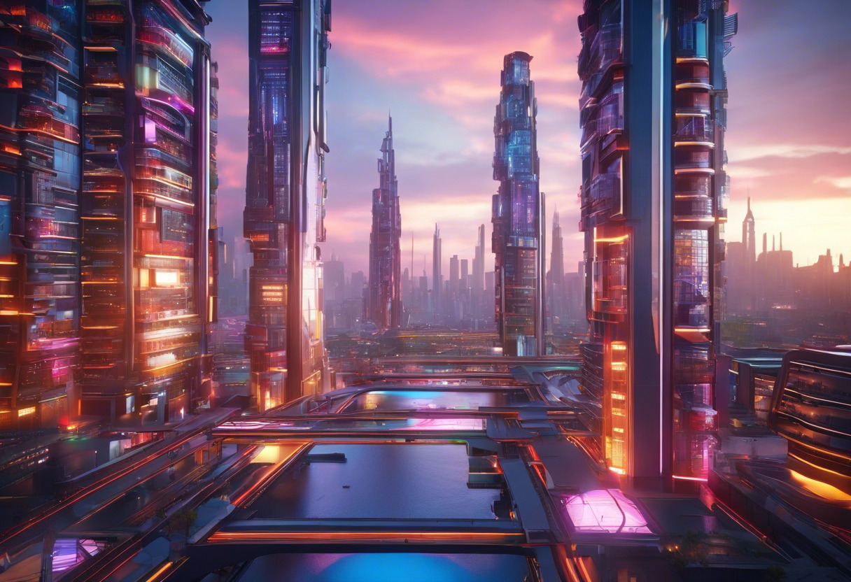 Colorful 3D game developer conceptualizing a futuristic metropolis in Unreal Engine