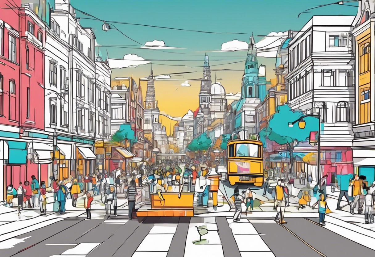 Colorful animation of a bustling Roblox city bustling with children and adults