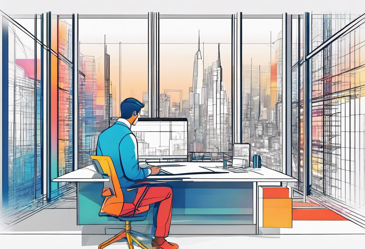 Colorful architect at a high-tech work station designing a sophisticated structure on AutoCAD