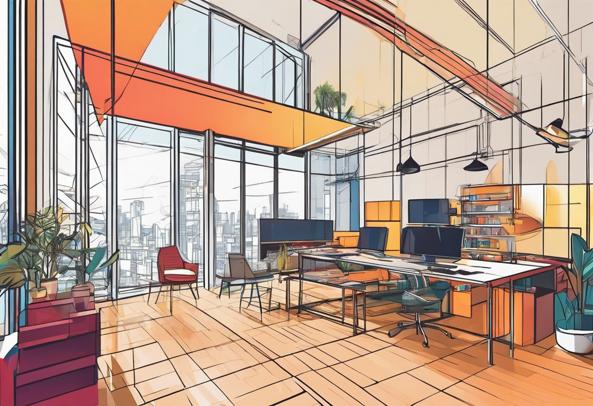 Colorful architect crafting precise floor plans in the bustling studio