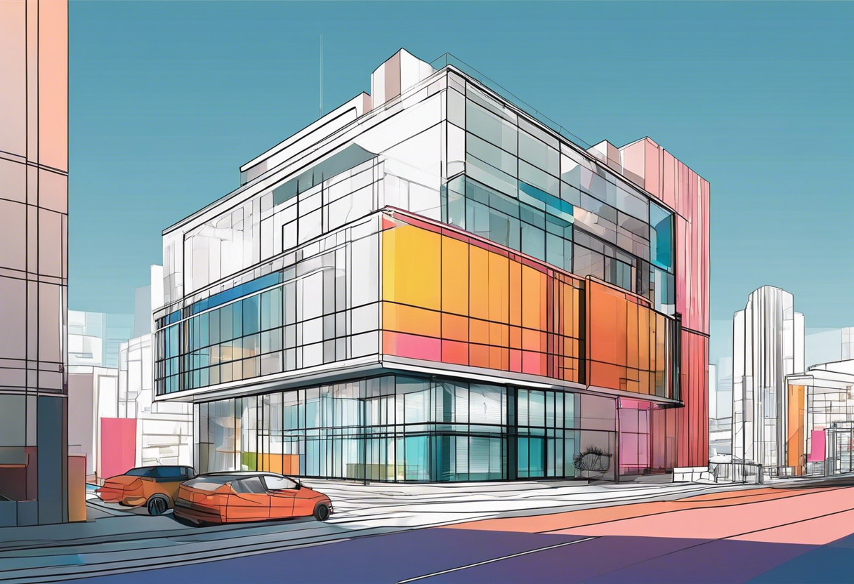 Colorful architectural render showcasing a modern building in a cityscape