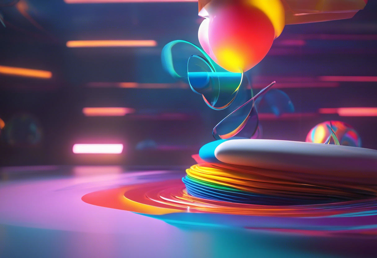 Colorful artist manipulating digital visual effects on curved surface