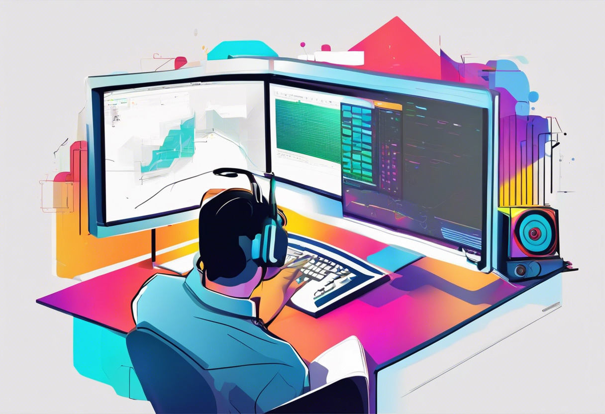 Colorful artistic rendition of a programmer at work developing video games, with the raylib logo prominently displayed on their computer