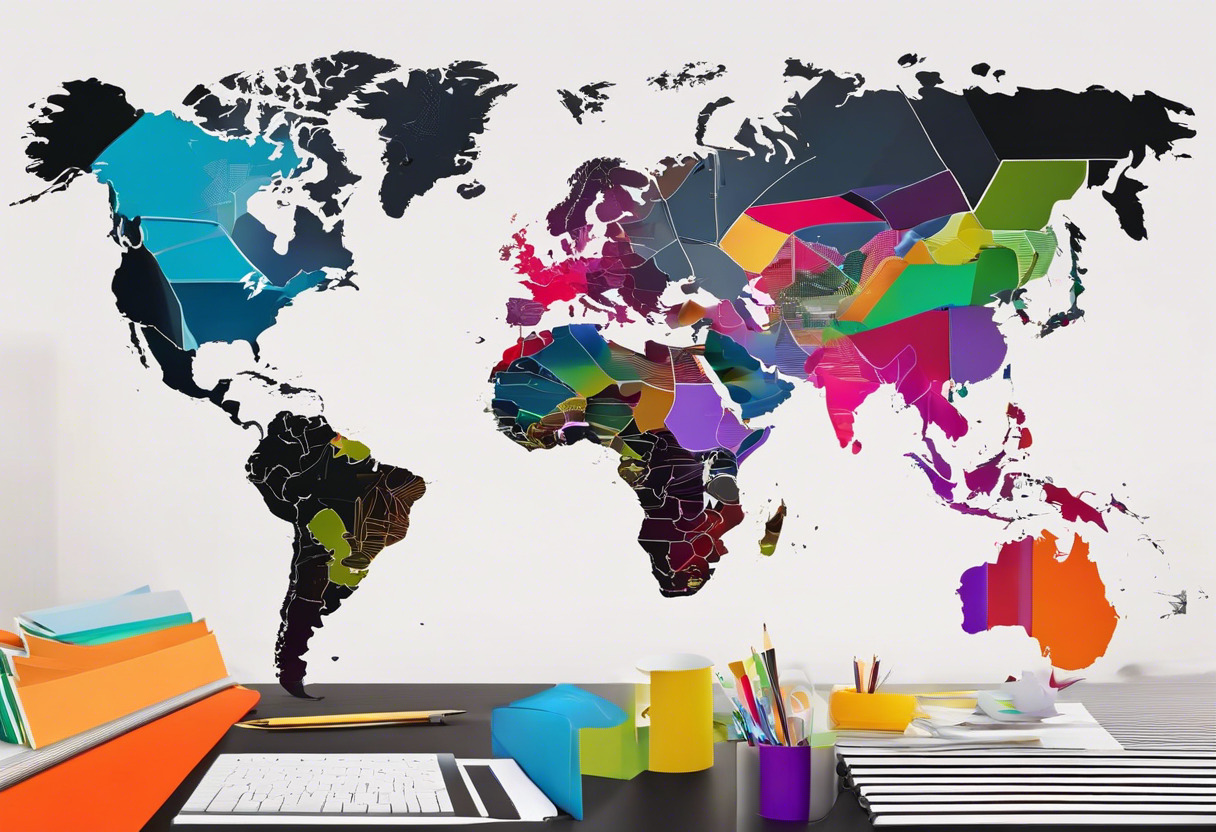 Colorful collage of different applications under the Meta brand displayed over a world map in a bustling office