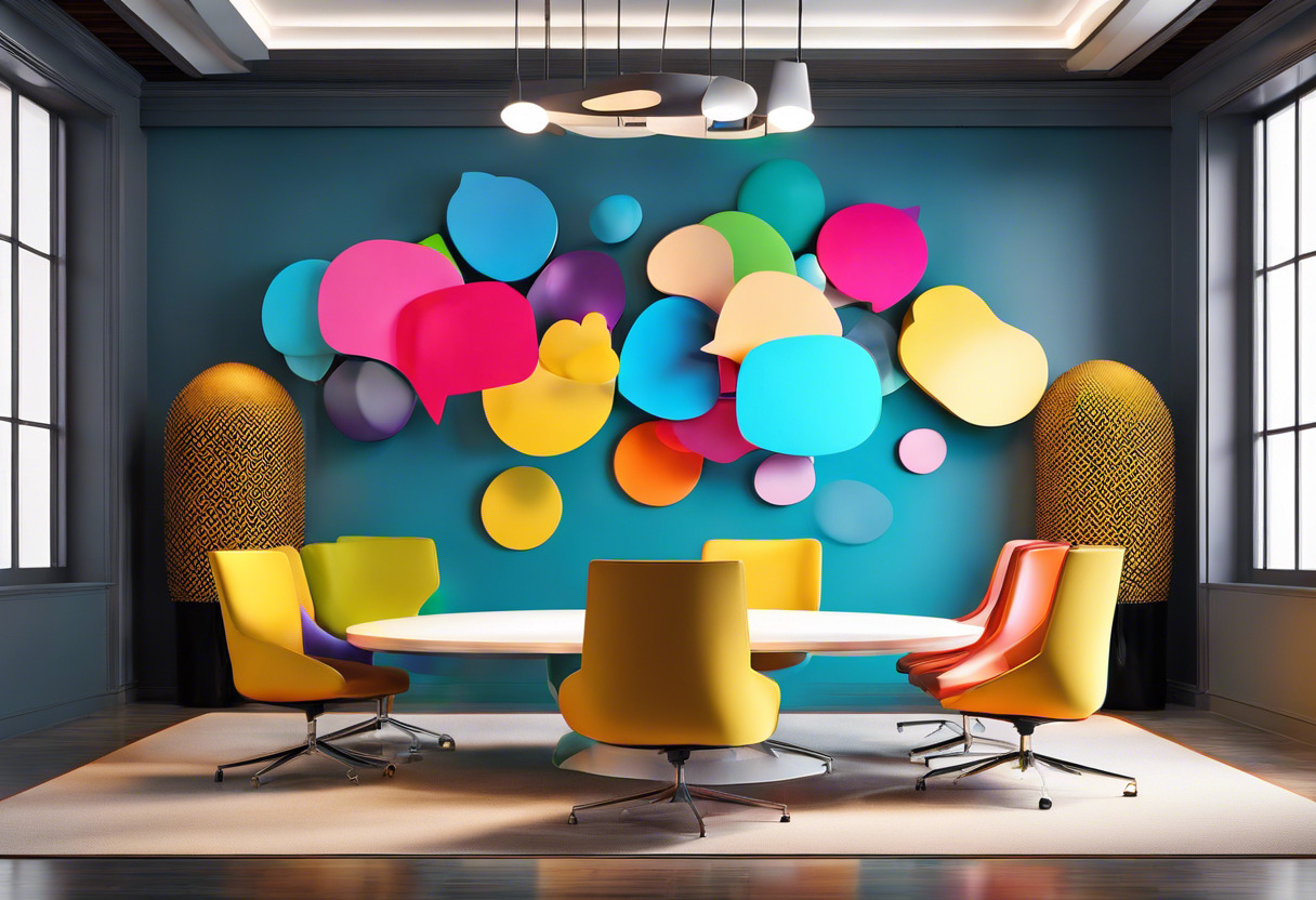 Colorful conversation bubbles denoting multi-turn conversations in a corporate meeting room