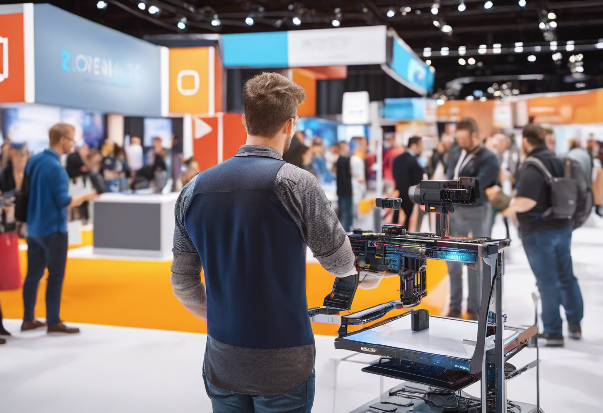 Colorful demonstration of a tech-enthusiast presenting an AR model at a bustling trade show