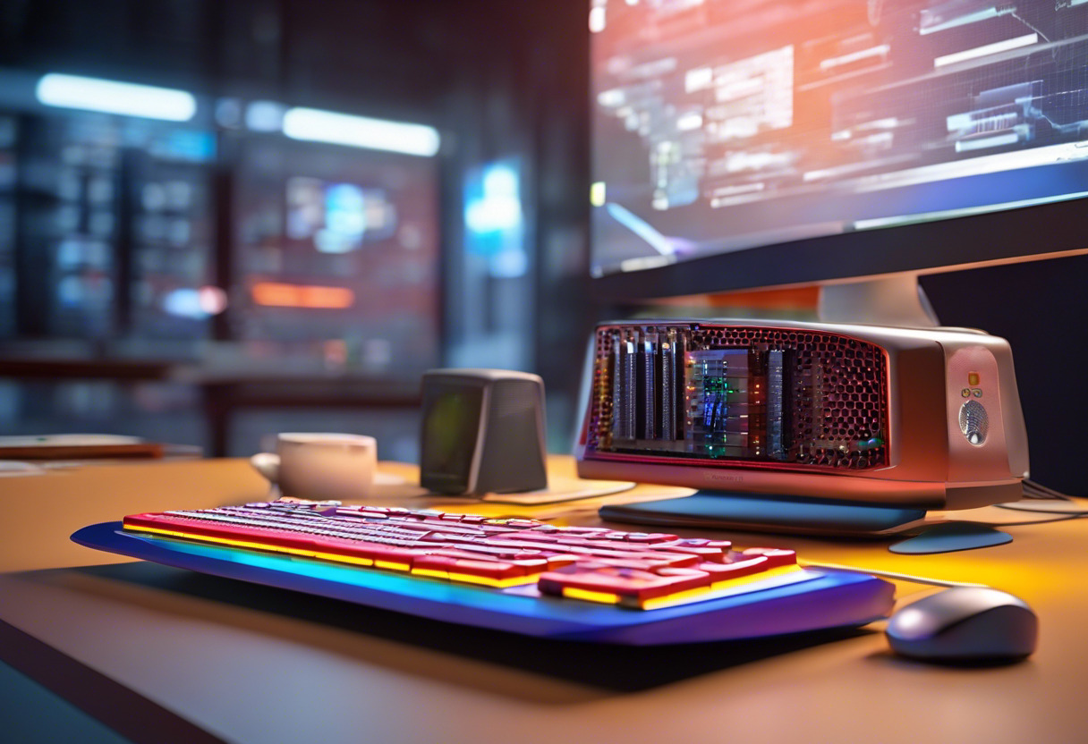 Colorful depiction of a computer with the Meshroom software running, set in a modern tech office