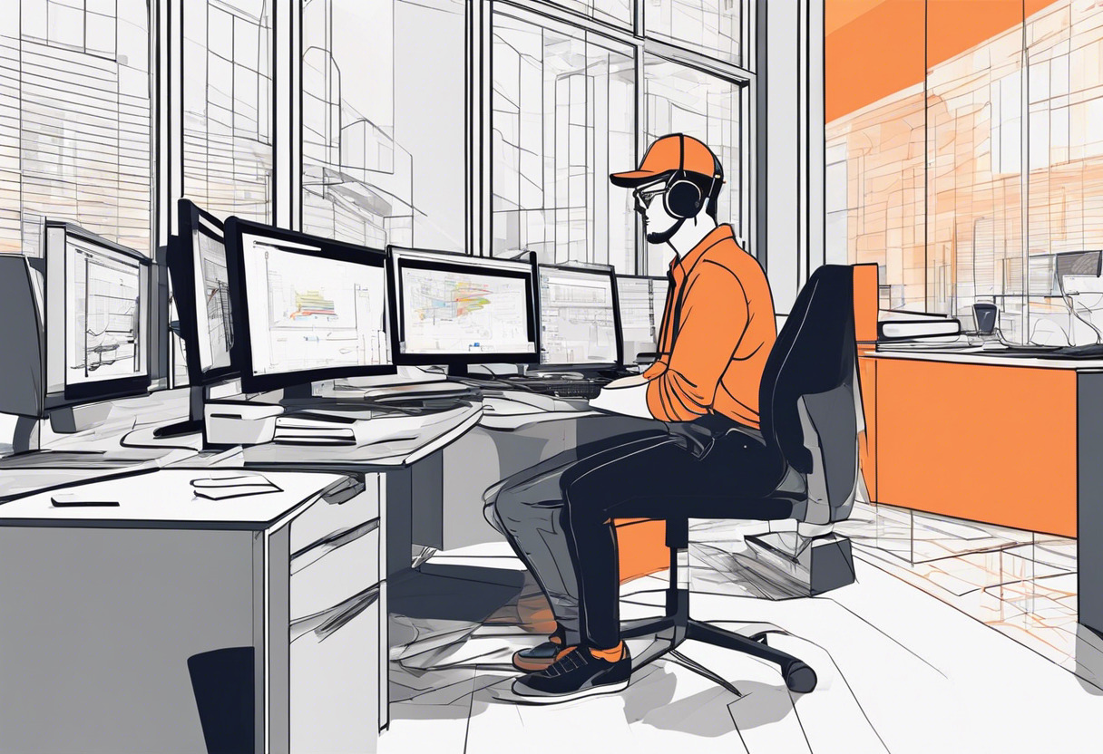 Colorful depiction of a developer seated at a computer, vigorously coding an AR/VR application on a busy tech startup office floor