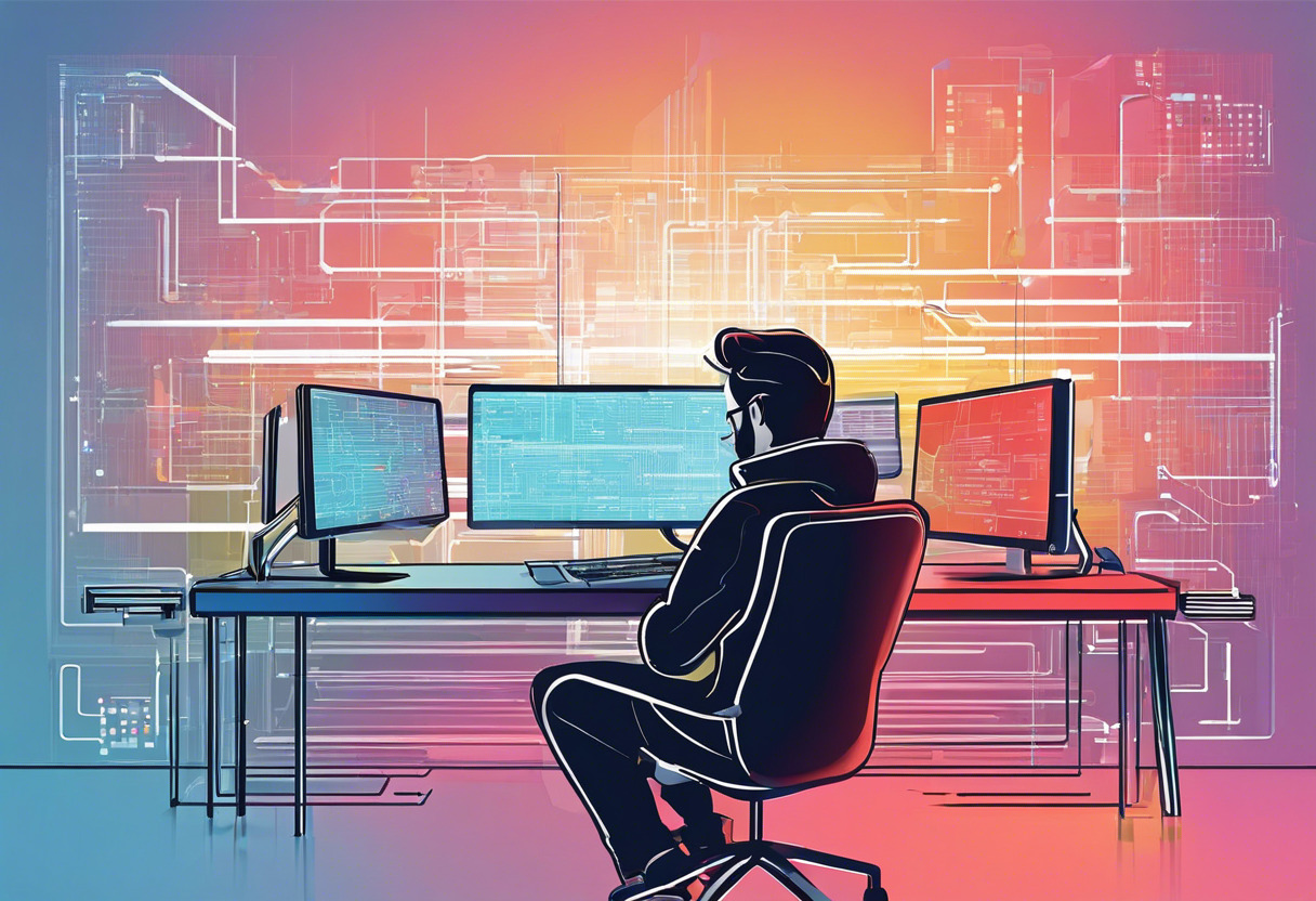 Colorful depiction of a developer using SDL for a game development project, engrossed in lines of code on multiple screens 